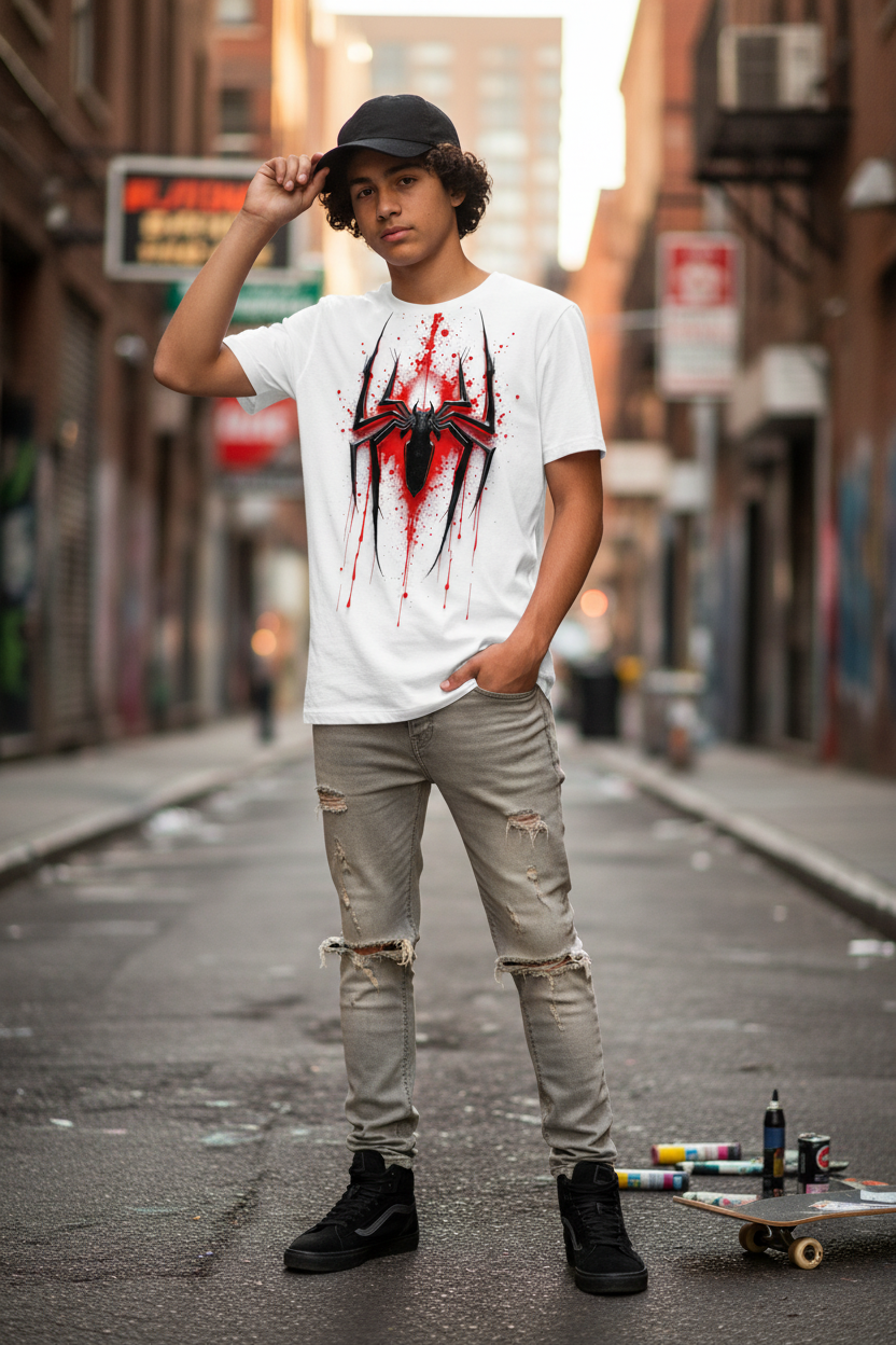 Teen wearing spider venom t-shirt in urban street style
