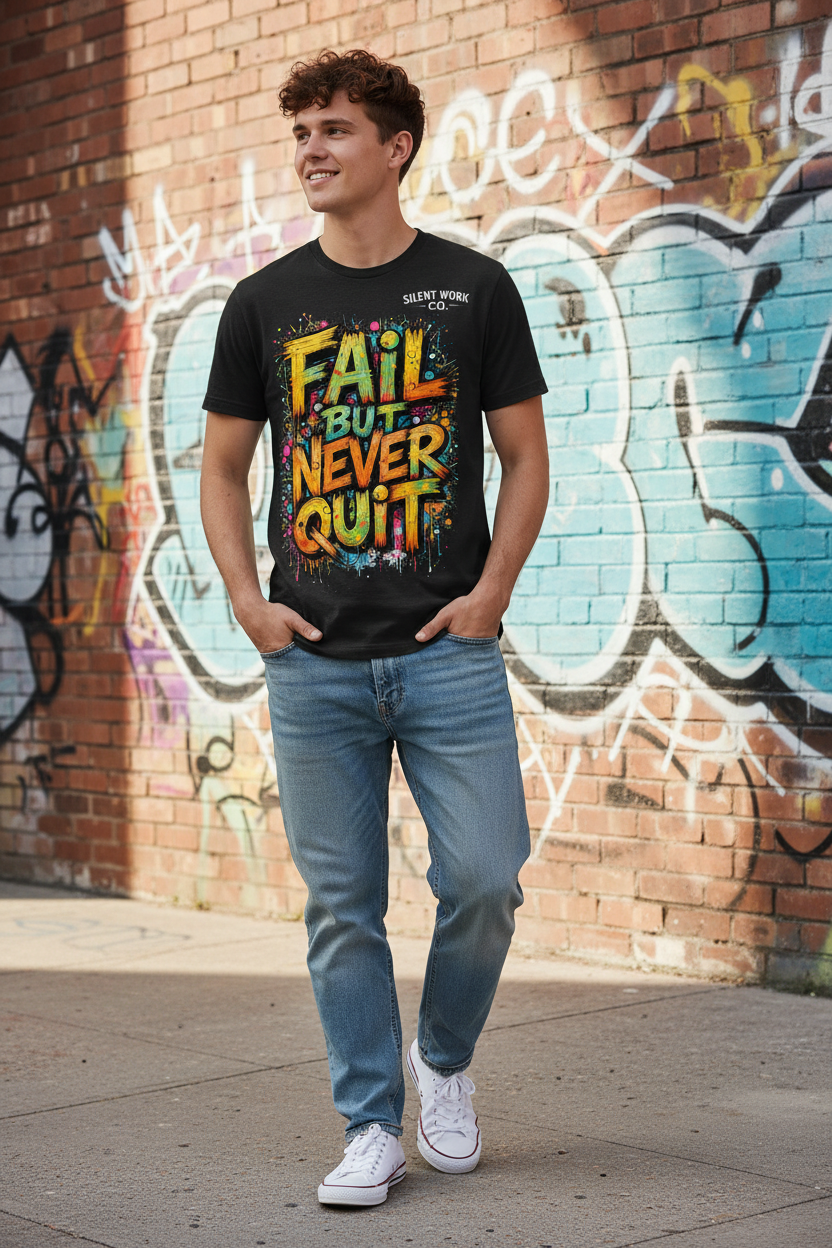 Lifestyle photo of Fail But Never Quit motivational t-shirt