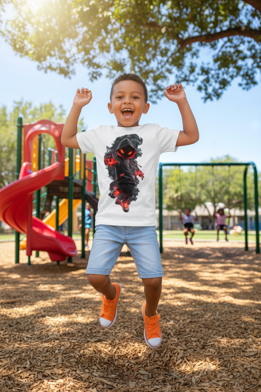 Child wearing white shadow phantom t-shirt