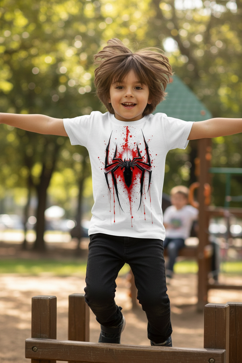 Child wearing spider hero t-shirt