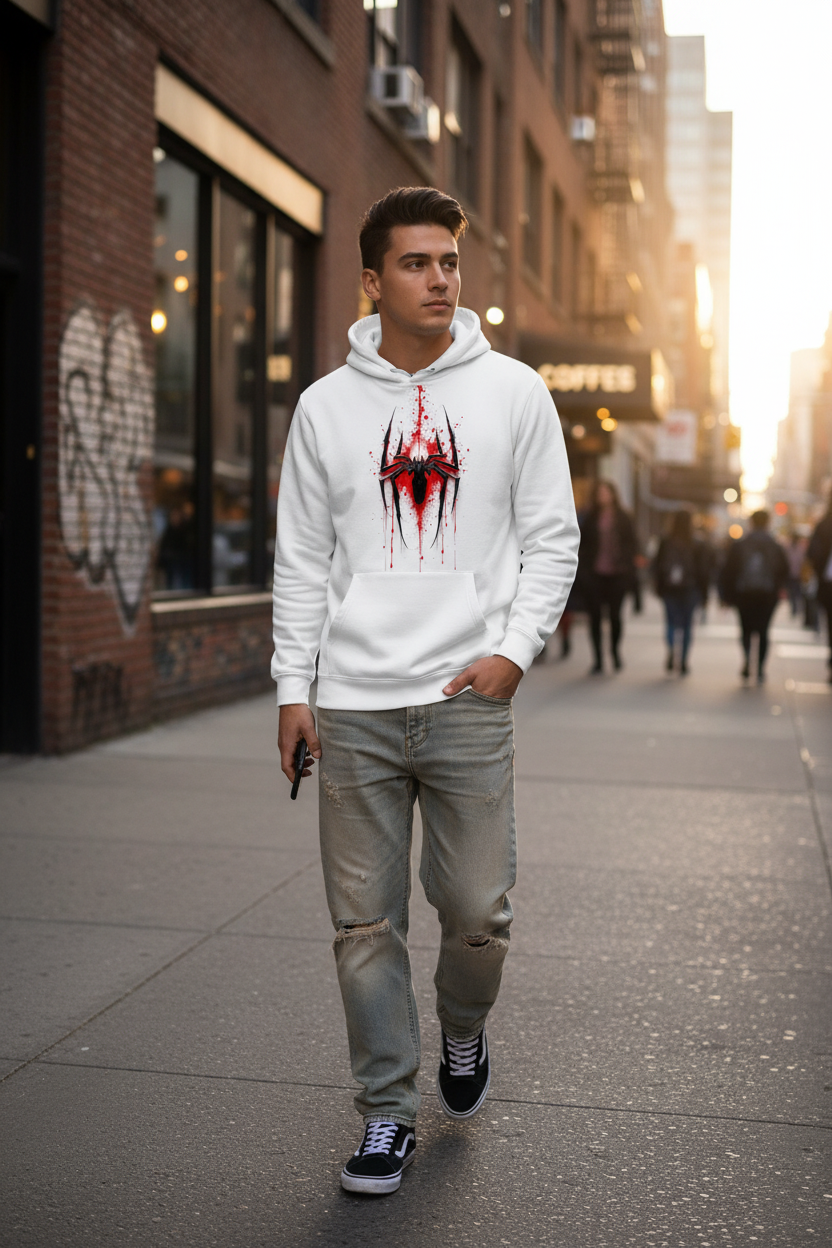 Person wearing spider hero hoodie in street style