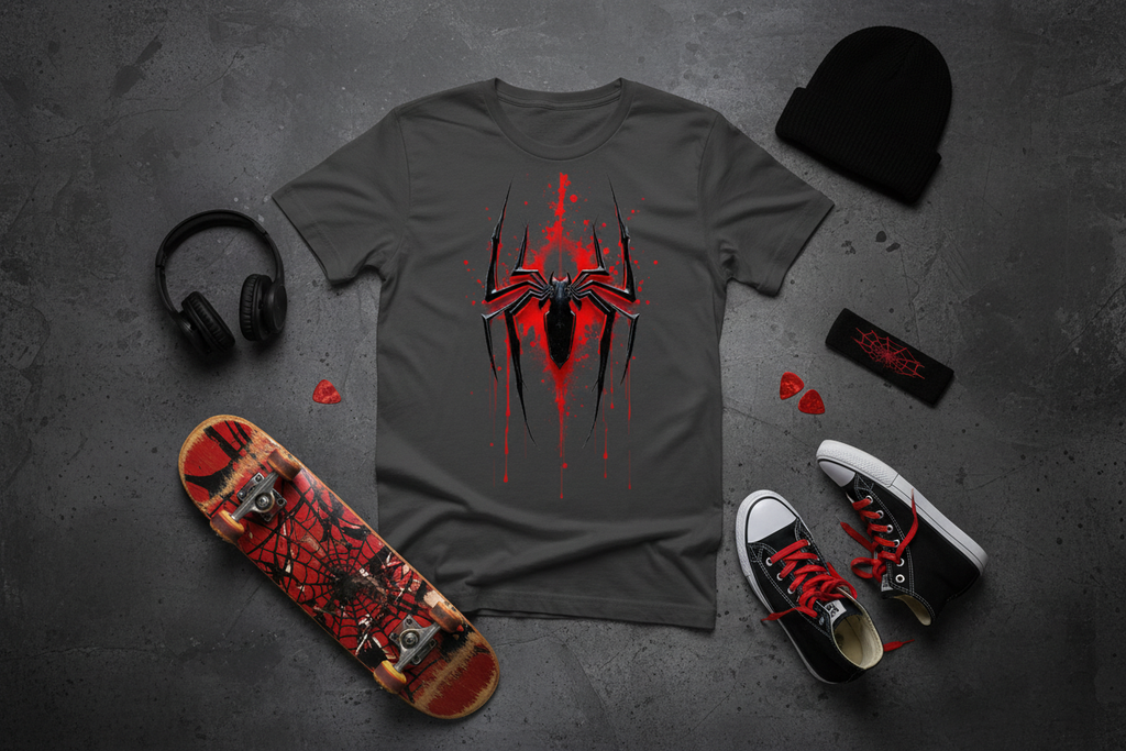 Flat lay styling with spider t-shirt and teen accessories