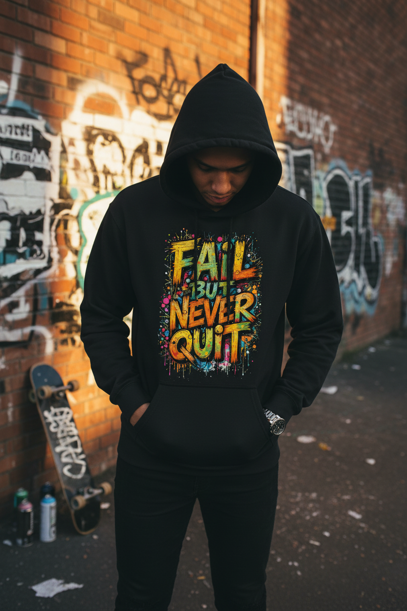 Person wearing Fail But Never Quit motivational hoodie