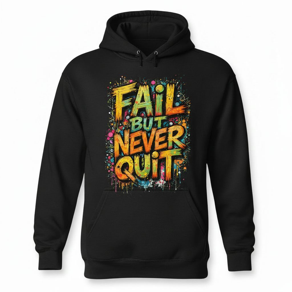 Fail But Never Quit black hoodie with colorful graffiti design