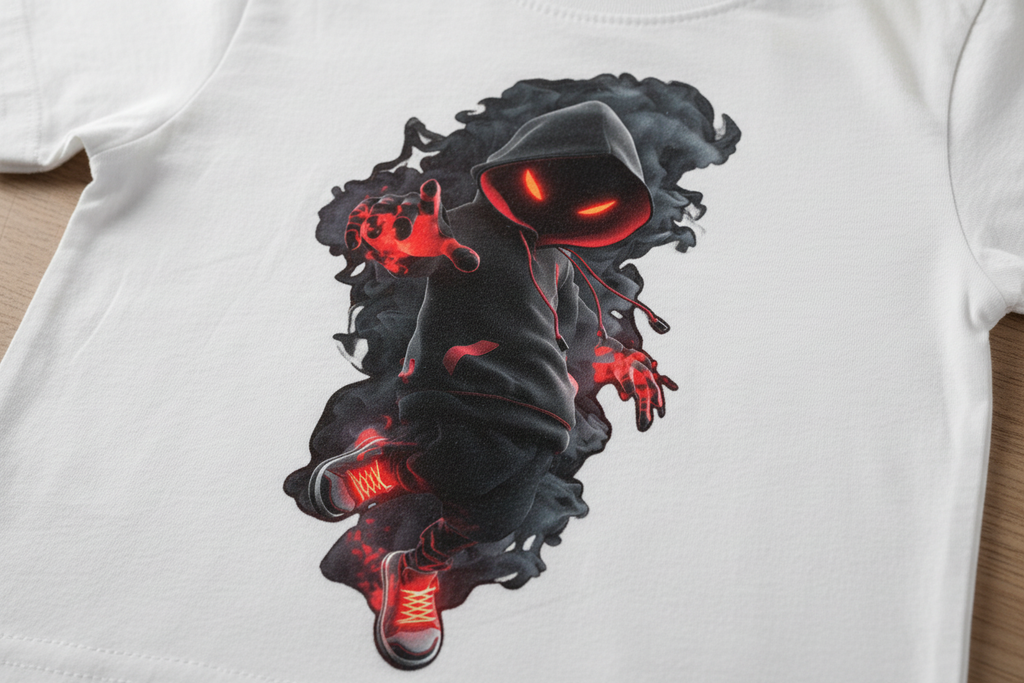 Close-up of shadow phantom design on white tee