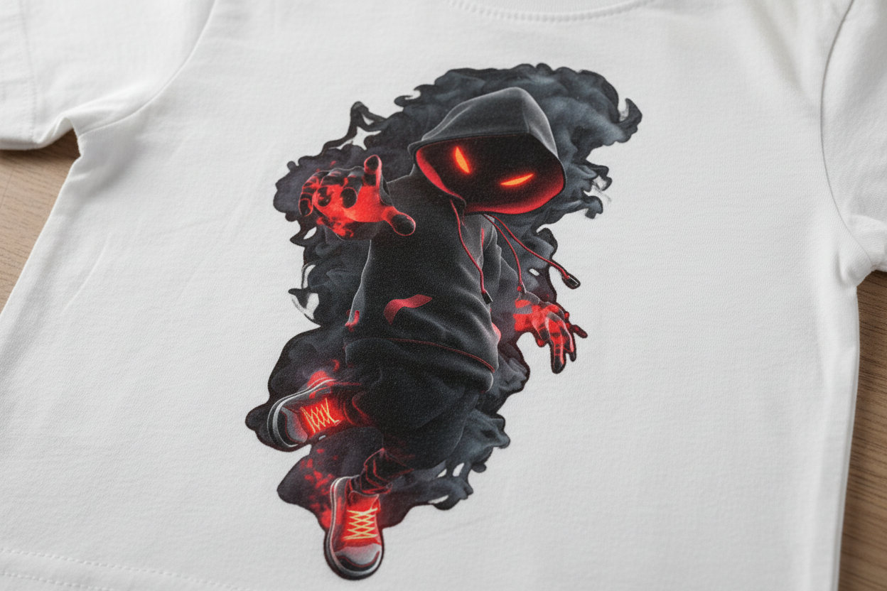 Close-up of shadow phantom design on white tee
